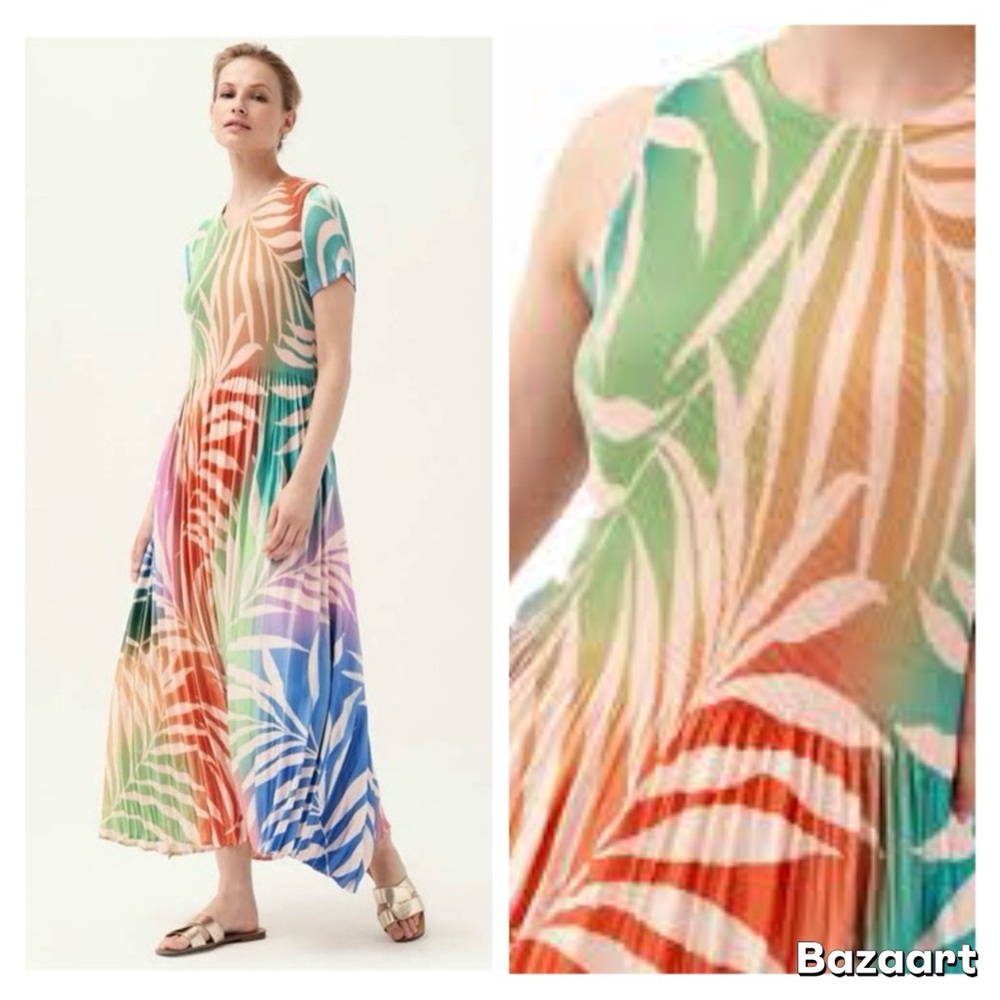 Leo & Ugo Paris Multicolor Pleated Palm Print Maxi Dress SIZE: SMALL